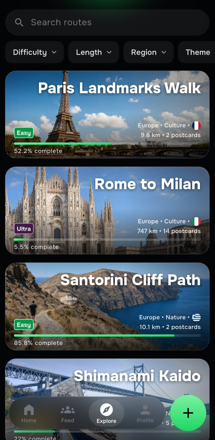GoAtlas Explore screen showing virtual walking routes with progress, distance,   difficulty, and destinations